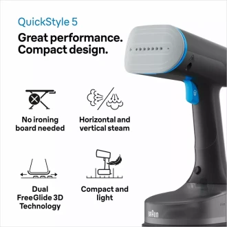 Braun Garment Steamer 1200W 150ML QuickStyle 5, with Dual Heated Free Glide 3D Plate, Handheld Garment Steamer with Fast Heating, Vertical Ironing, 13850000-GS5031BL
