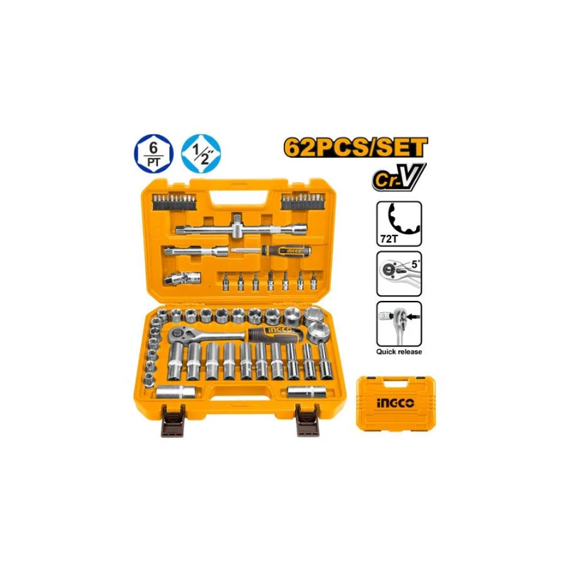 Ingco 62Pcs 1/2&Quot; Socket Set With Cr-V Steel Material, Three Color Soft Handle Hkts12602 2 Ingco 62Pcs 1/2&Quot; Socket Set With Cr-V Steel Material, Three Color Soft Handle Hkts12602