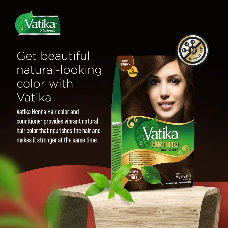 Vatika Henna Hair Color Henna Hair Dye, Henna Hair Color And Conditioner, Zero Ammonia Henna For Strong And Shiny Hair, 100% Grey Coverage, Dark Brown 6 Sachets 2 Vatika Henna Hair Color Henna Hair Dye, Henna Hair Color And Conditioner, Zero Ammonia Henna For Strong And Shiny Hair, 100% Grey Coverage, Dark Brown 6 Sachets