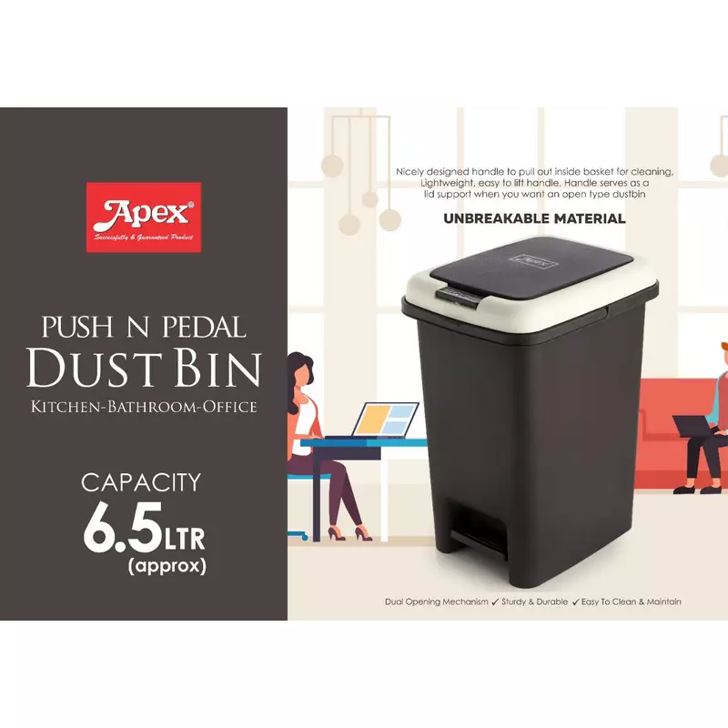 Apex Push And Pedal Dustbin 6.5L Capacity Plastic Lightweight Unbreakable 450445 5 Apex Push And Pedal Dustbin 6.5L Capacity Plastic Lightweight Unbreakable 450445