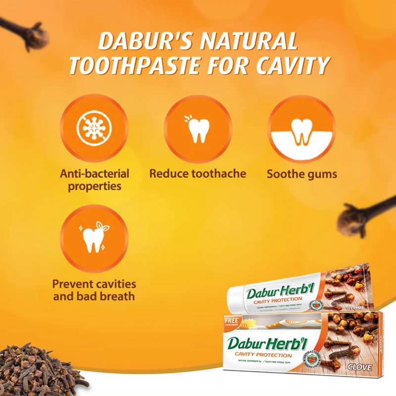 Dabur Herbal Toothpaste 150G With Brush Clove Natural Toothpaste For Cavity Protection?, No Added Chemicals 2 Dabur Herbal Toothpaste 150G With Brush Clove Natural Toothpaste For Cavity Protection, No Added Chemicals (Pack Of 6)