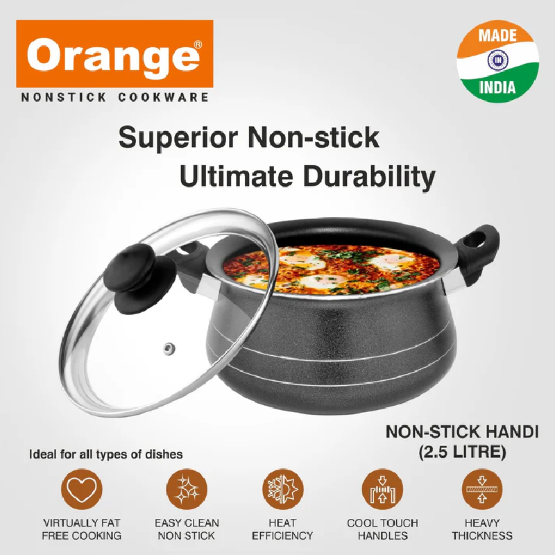Orange No13 Non-Stick Handi 2.5L 190Mm With Glass Lid, Sturdy Handles Onsc041 2 Orange No13 Non-Stick Handi 2.5L 190Mm With Glass Lid, Sturdy Handles Onsc041
