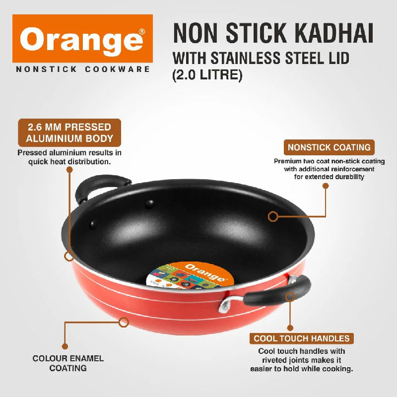 Orange Non-Stick Deep Kadai 7L With Stainless Steel Lid Onsc018 3 Orange Non-Stick Deep Kadai 7L With Stainless Steel Lid Onsc018