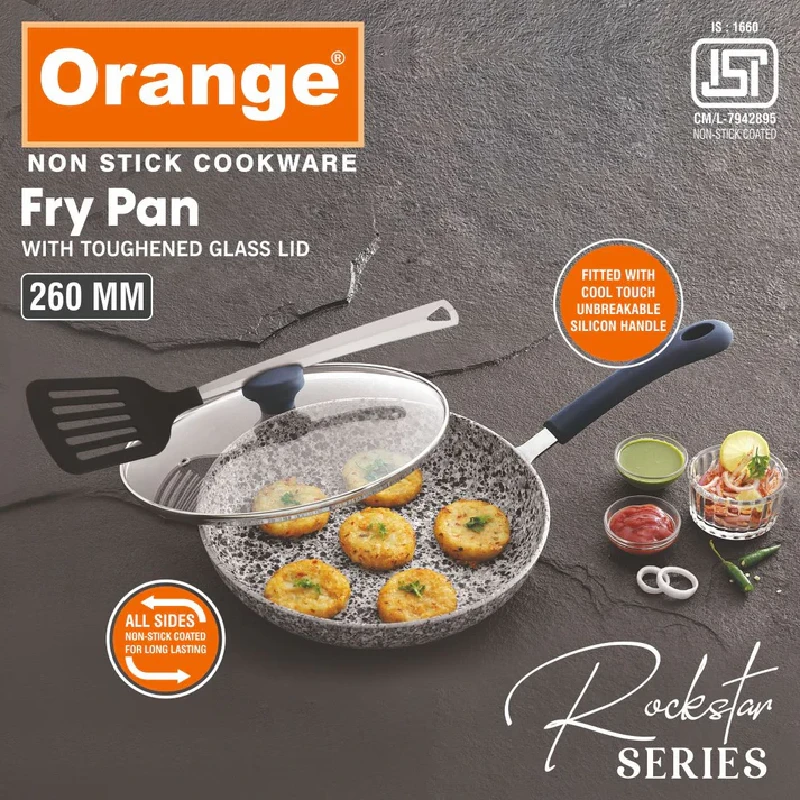 Orange Non-Stick Fry Pan Stone Finish 26Cm With Glass Lid Rockstar Series Onsc536 4 Orange Non-Stick Fry Pan Stone Finish 26Cm With Glass Lid Rockstar Series Onsc536