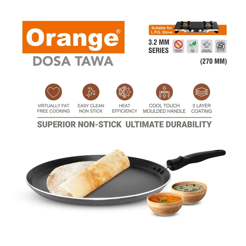 Orange Non-Stick Dosa Tawa 27Cm 3.2Mm Onsc046 3 Orange Non-Stick Dosa Tawa 27Cm 3.2Mm Onsc046