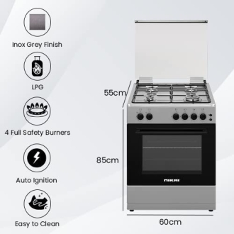Nikai Oven Cooking Range 4 Burner Double Glass Door 60x55cm U6062FS Glass Lid Button Ignition For Hob With Lamp Stainless Steel Top And Body
