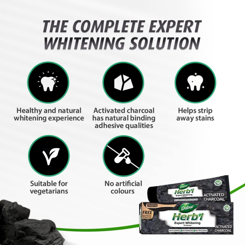 Dabur Herb'L Toothpaste Activated Charcoal Enriched With Activated Charcoal, For Healthy Gums &Amp; Strong Teeth, 150G With Brush 3 Dabur Herb'L Toothpaste Activated Charcoal Enriched With Activated Charcoal, For Healthy Gums &Amp; Strong Teeth, 150G With Brush - Set Of 3 Pcs