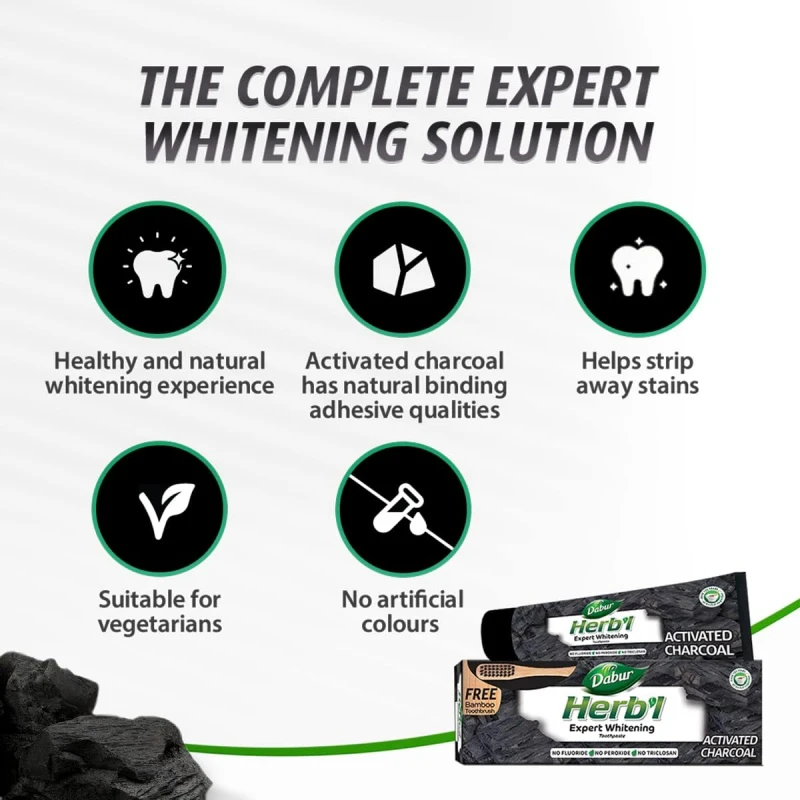 Dabur Herb'L Toothpaste Activated Charcoal Enriched With Activated Charcoal, For Healthy Gums &Amp; Strong Teeth, 150G With Brush 3 Dabur Herb'L Toothpaste Activated Charcoal Enriched With Activated Charcoal, For Healthy Gums &Amp; Strong Teeth, 150G With Brush - Set Of 3 Pcs