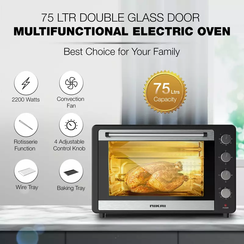 Nikai Oven Electric 75L With Rosting Function 4 Knobs Control 2200W Nt75Rcz 120 Mins Timer Convection Function Single Inner Light Glass Panel 2 Nikai Oven Electric 75L With Rosting Function 4 Knobs Control 2200W Nt75Rcz 120 Mins Timer Convection Function Single Inner Light Glass Panel
