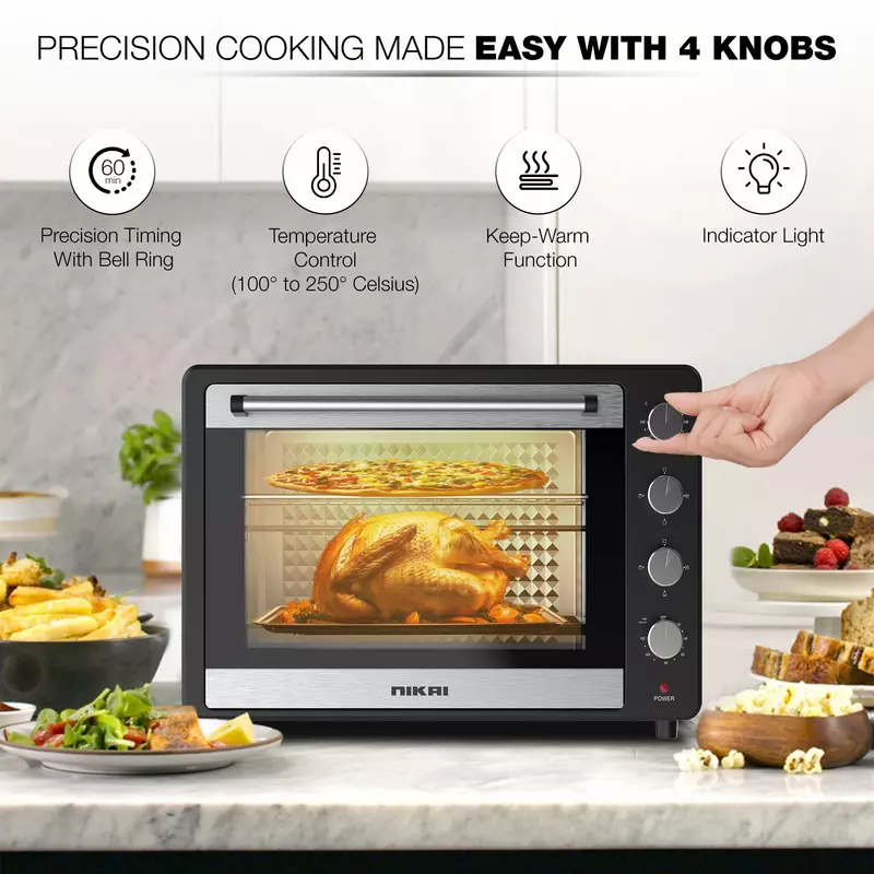 Nikai Oven Electric 75L With Rosting Function 4 Knobs Control 2200W Nt75Rcz 120 Mins Timer Convection Function Single Inner Light Glass Panel 6 Nikai Oven Electric 75L With Rosting Function 4 Knobs Control 2200W Nt75Rcz 120 Mins Timer Convection Function Single Inner Light Glass Panel