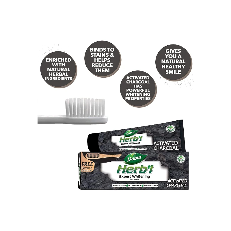 Dabur Herb'L Toothpaste Activated Charcoal Enriched With Activated Charcoal, For Healthy Gums &Amp; Strong Teeth, 150G With Brush 6 Dabur Herb'L Toothpaste Activated Charcoal Enriched With Activated Charcoal, For Healthy Gums &Amp; Strong Teeth, 150G With Brush - Set Of 3 Pcs