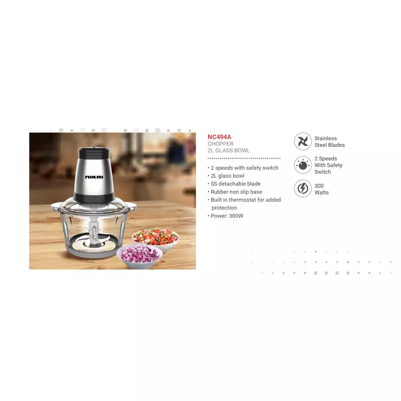 Nikai Chopper 2L Glass Bowl 300W Nc494A Detachable Blade Built In Thermostat Stainless Steel Blades 2 Speeds With Safety Switch 3 Nikai Chopper 2L Glass Bowl 300W Nc494A Detachable Blade Built In Thermostat Stainless Steel Blades 2 Speeds With Safety Switch