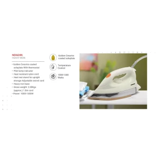Nikai Dry Iron 1200W Golden Ceramic Coated Soleplate With Thermostat Heavy Iron Base Heat Resistant Nylon Cord NDI624N