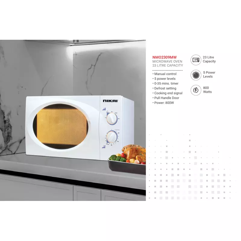 Nikai Microwave 23L Manual 5 Power Levels 800W Nmo2309Mw 35 Mins Timer Defrost Settings Cooking End Signal Pull Handle Door 6 Nikai Microwave 23L Manual 5 Power Levels 800W Nmo2309Mw 35 Mins Timer Defrost Settings Cooking End Signal Pull Handle Door