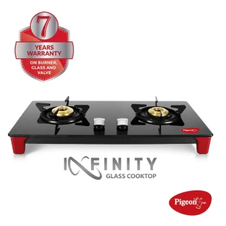 Pigeon Gas Cooker 2 Burner Glass 8mm Tempered Infinity Sap 14376 - Tempered Glass Panel Auto Ignition Die Cast Legs Thermal Efficiency