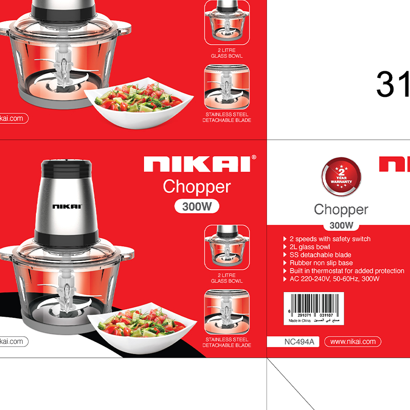 Nikai Chopper 2L Glass Bowl 300W Nc494A Detachable Blade Built In Thermostat Stainless Steel Blades 2 Speeds With Safety Switch 2 Nikai Chopper 2L Glass Bowl 300W Nc494A Detachable Blade Built In Thermostat Stainless Steel Blades 2 Speeds With Safety Switch