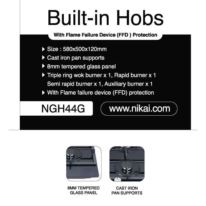 Nikai Gas Cooker 4 Burner Glass 8Mm Tempered Built In Hob 580X500X120Mm Ngh44G Auto Ignition System Cast Iron Pan Supports Triple Ring Wok Burner 2 Nikai Gas Cooker 4 Burner Glass 8Mm Tempered Built In Hob 580X500X120Mm Ngh44G Auto Ignition System Cast Iron Pan Supports Triple Ring Wok Burner