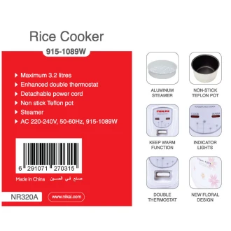 Nikai Rice Cooker 3.2l Keep Warm Function Teflon Coated Inner Pot NR320A Aluminum Steamer Double Thermostat Detachable Power Cord