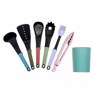 Decakila Kitchen Utensils Set Nylone Material Nonstick 7pc Kmtt046b set includes solid spoon, ladle, pasta server, slotted spoon, oil brush, 9 inch locking tongs