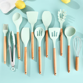 12 Piece Silicone Kitchen Utensils Set - Nonstick, Heat Resistant, BPA Free, Wooden Handles