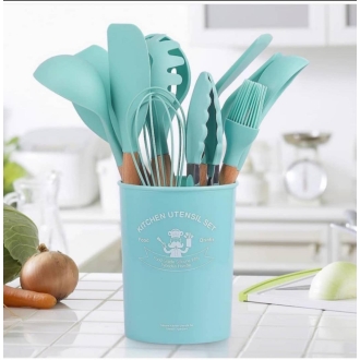 12 Piece Silicone Kitchen Utensils Set - Nonstick, Heat Resistant, BPA Free, Wooden Handles